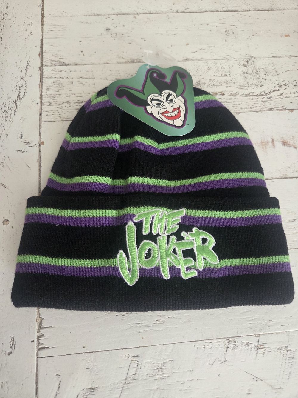 NWT 'The Joker' Knit Beanie Black Purple Green Stripes